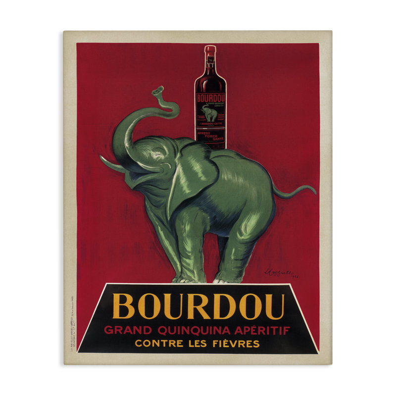 Art mural rétro sur toile éléphant et vin, design par Marcello Nizzoli, H 48 po x l 36 po