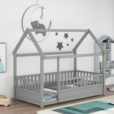 Floor Wooden Bed with House Roof Frame, Fence Guardrails by Harper Orchard