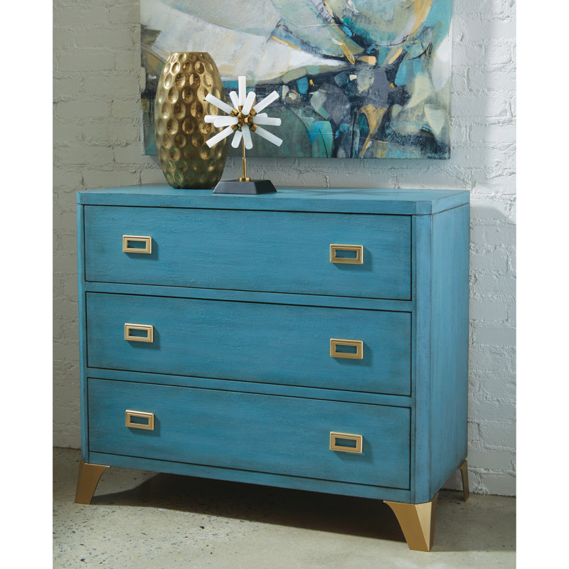 Turquoise Blue Transitional 3-Drawer Accent Chest with Gold Accents