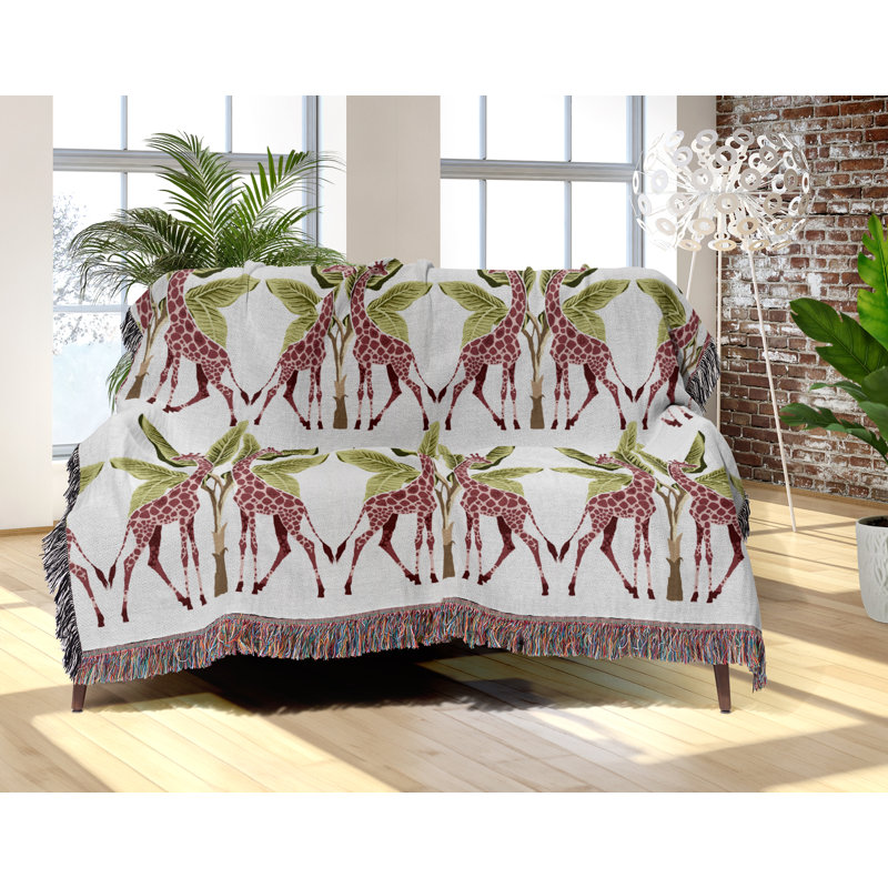 Jeté en mélange de coton Kossy Giraffe, L 70 po x l 50 po, Rose / vert / blanc cassé