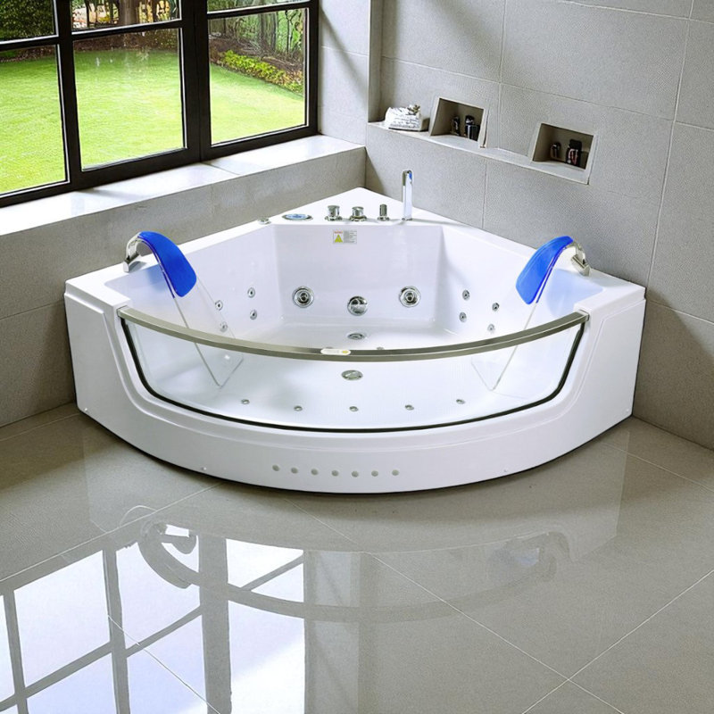 CAPRI 60" x 60" 2-Person Corner Whirlpool Bathtub with Dual Pump, Chromotherapy & Glass Front Panel