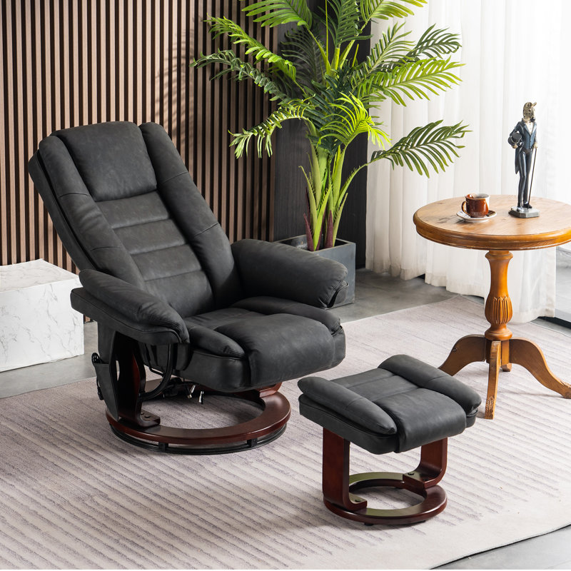 Faux Leather Recliner Chair with Massage and Ottoman, 360 Degree Swivel, Removable Lumbar Pillow, Dark Gray
