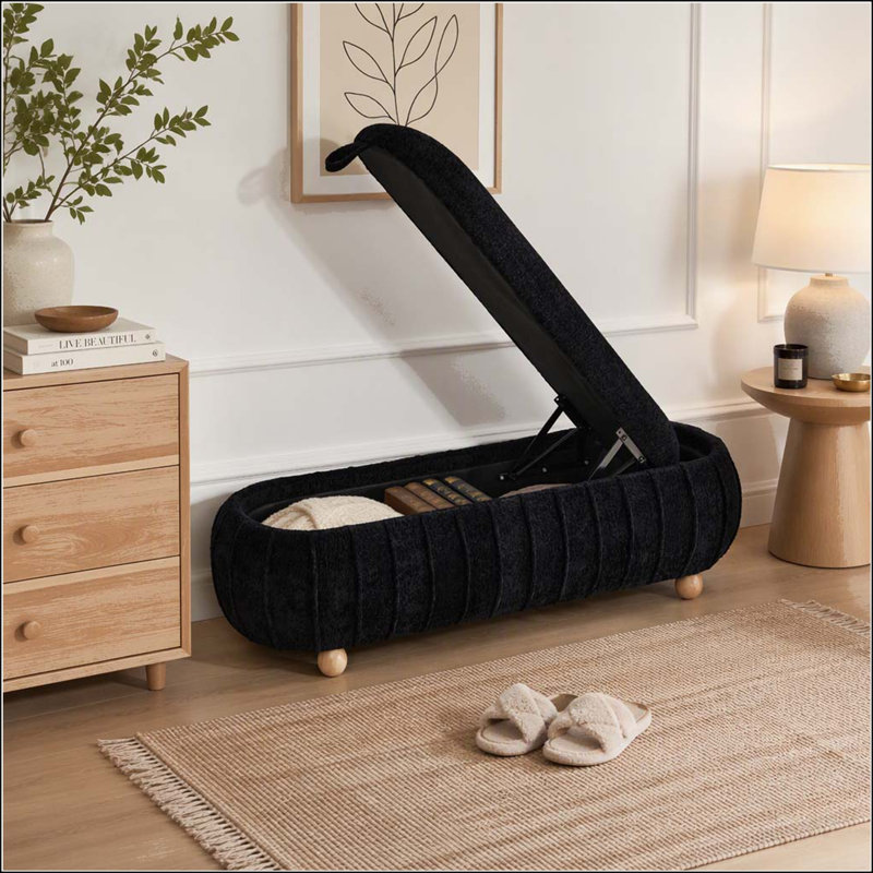 Banc de rangement en chenille 55,25 pouces avec pieds en bois d'hévéa, Noir, Noir