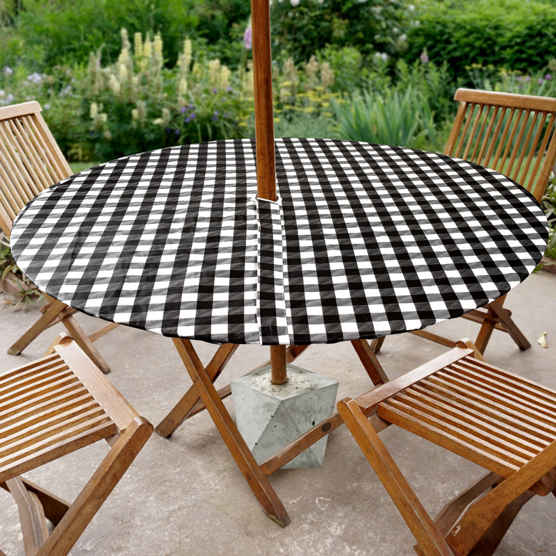 Jevdokija Vinyl Picnic Fited Tableclth With Umbrella Hole 30" Round, Black, 60" x 30"