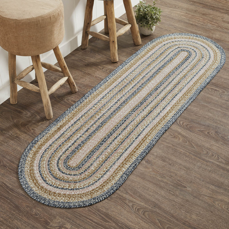 Tapis ovale rayé fait à la main en bleu / beige, Ovale 2 pi x 6 pi 6 po