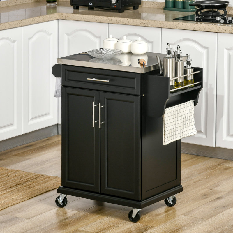 Rolling Kitchen Island Cart With Stainless Steel Countertop, Storage Drawer, Towel Rack, And Spice Rack - Mobile Utility Storage Trolley | Gift Idea
