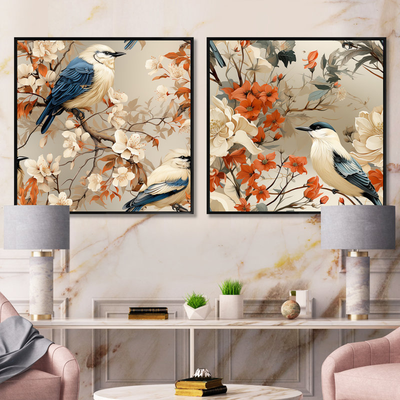 Lenora - Ensemble de 2 collages carrés floraux, Cadre flottant noir, H 36 po x l 73 po