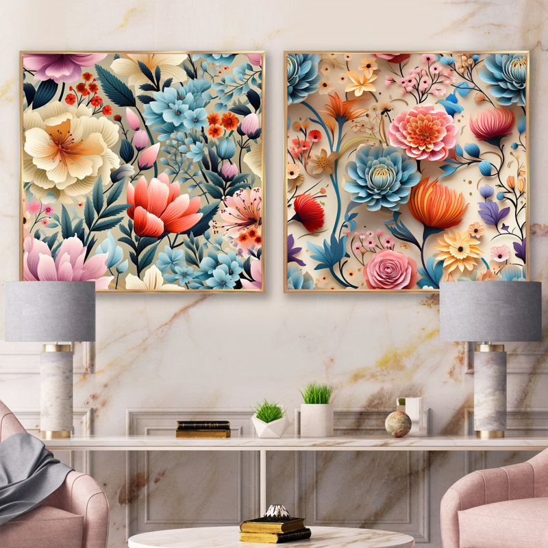 Cassandre - Ensemble de 2 collages carrés floraux, H 16 po x l 33 po, Cadre flottant doré