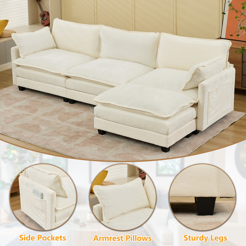 Carbry 113" L-Shaped Couch Sofa With Ottoman Deep Seat Upholstered Sectional, Beige White Chenille