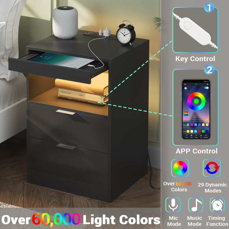 Nightstand With Wireless Charging Station And LED Lights, Bedside Table With 2 Drawers, Open Storage, 1 Pull-Out Tray, End Side Table With Charging Station, LED Night Stand With Storage,(Black)