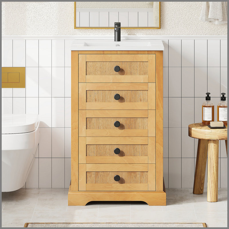 Meuble-lavabo de 20 pouces avec lavabo en céramique intégré et porte à fermeture douce, structure en bois massif pour les salles de bain compactes