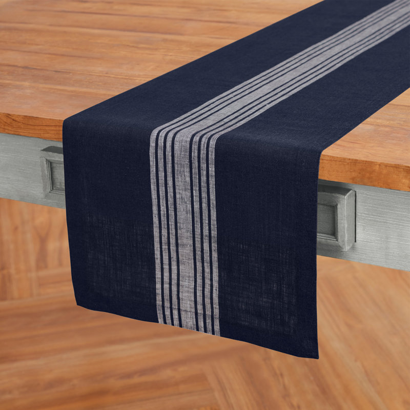 Farmhouse - 100% Pure Linen Table Runner, 90" x 14", White/Navy
