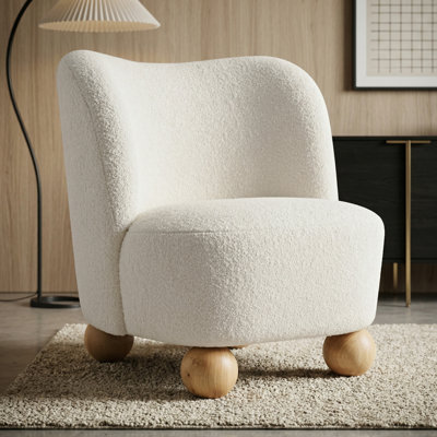 28" Low Profile Accent Chair Boucle with Sculptural Natural Wood Ball Feet and Rounded Silhouette，for Living Room and Bedroom，White