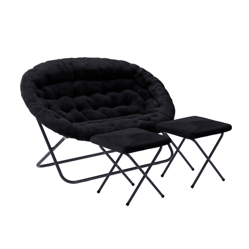Folding Upholstered Double Saucer Chair with a Steel Frame and 2 Folding Ottomans, Black Polyester