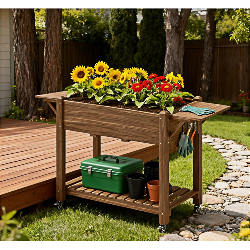 Boîte à fleurs surélevée en bois surélevée avec roues verrouillables, Brun