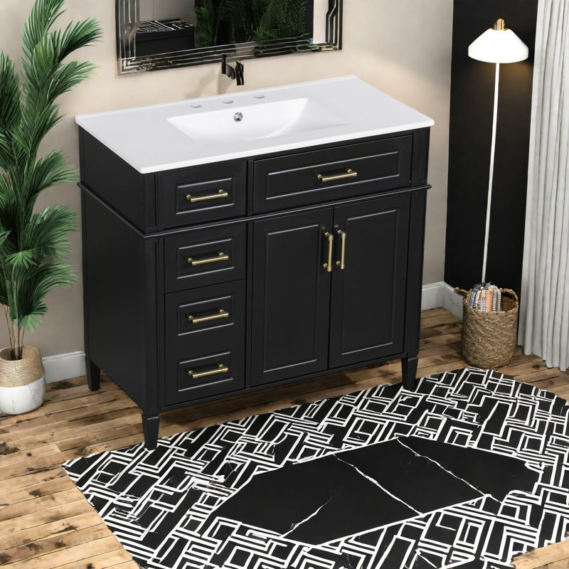 Meuble-lavabo élégant de 36 pouces avec lavabo, finition noire et rangement
