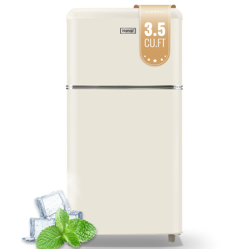 Compact Cream Freestanding Mini Fridge with Glass Shelves