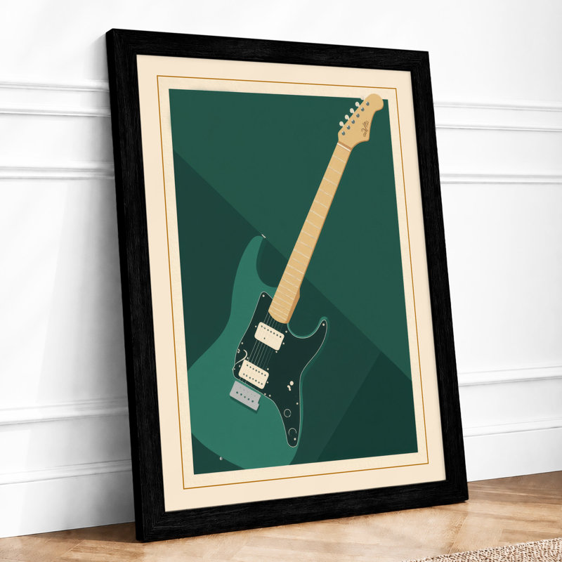 Teal Guitar Study Mid-Century - Framed Print, A4 - 29.7 x 21.0 cm, Black