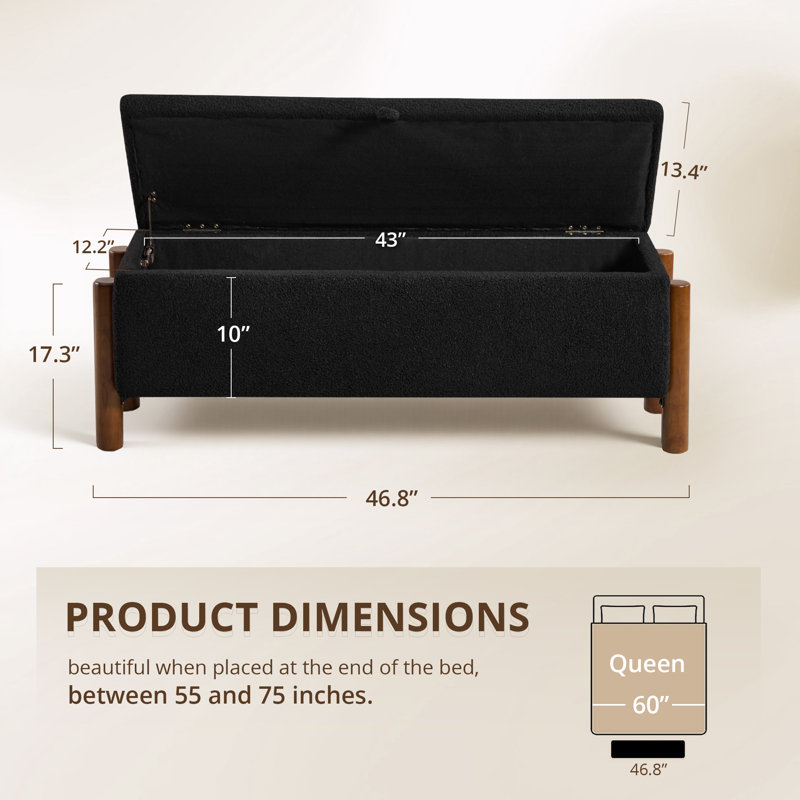 Bancs avec repose-pieds de rangement moderne de 47 po avec pieds en bois de noyer, Noir
