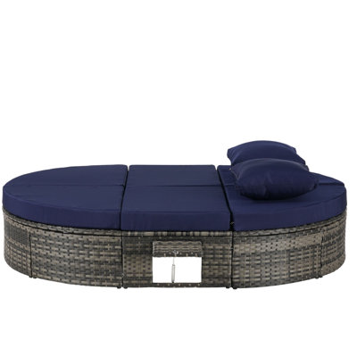 Outdoor Patio Round Daybed, Sun Bed with Adjustable Backrests and Foldable Cup Trays, Reclining Outdoor Lounger Wicker Rattan Patio Daybed with Cushions and Pillows for Backyard Poolside