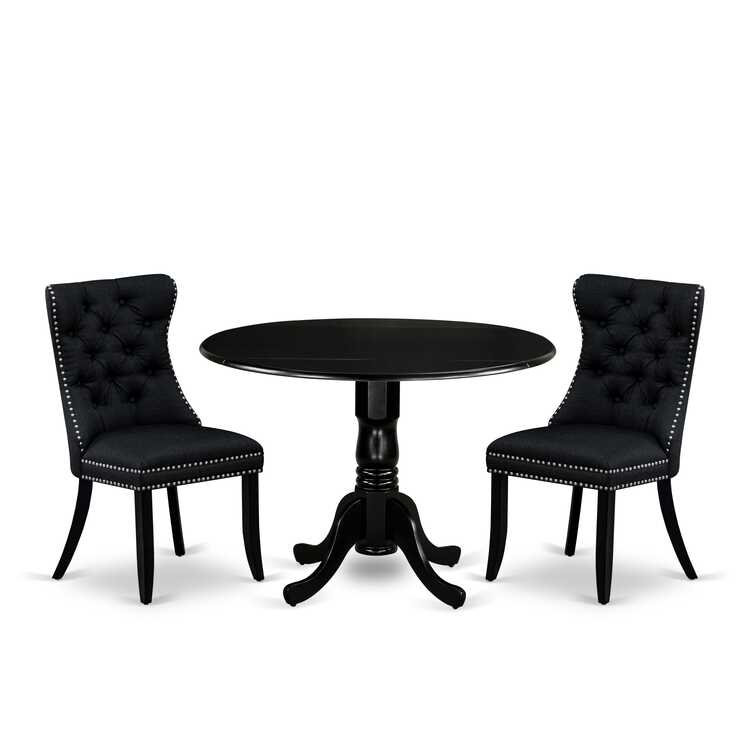 3-Piece Antique Walnut Finish Solid Wood Top-Round Upholstered Dining Room Set with Dropleaf-Seats 4, Matte Black, Black