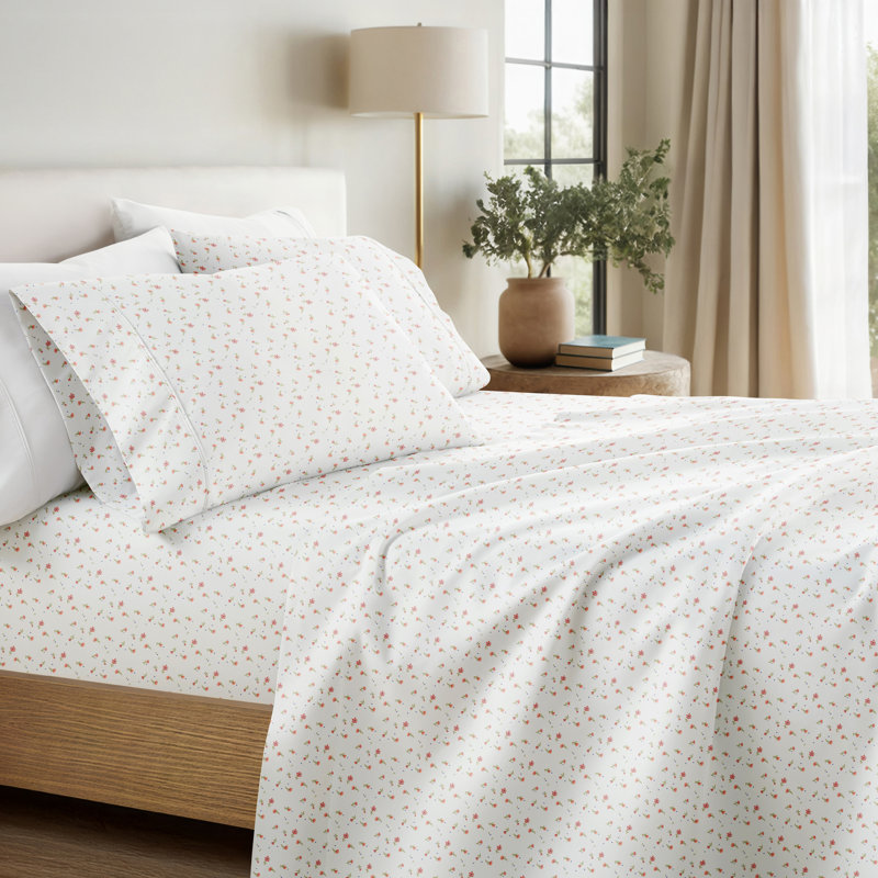 Soft Floral Pattern 4 Piece Microfiber Sheet Set, Pink, Twin Sheet Set + 1 Fitted Sheet + 1 Pillowcase