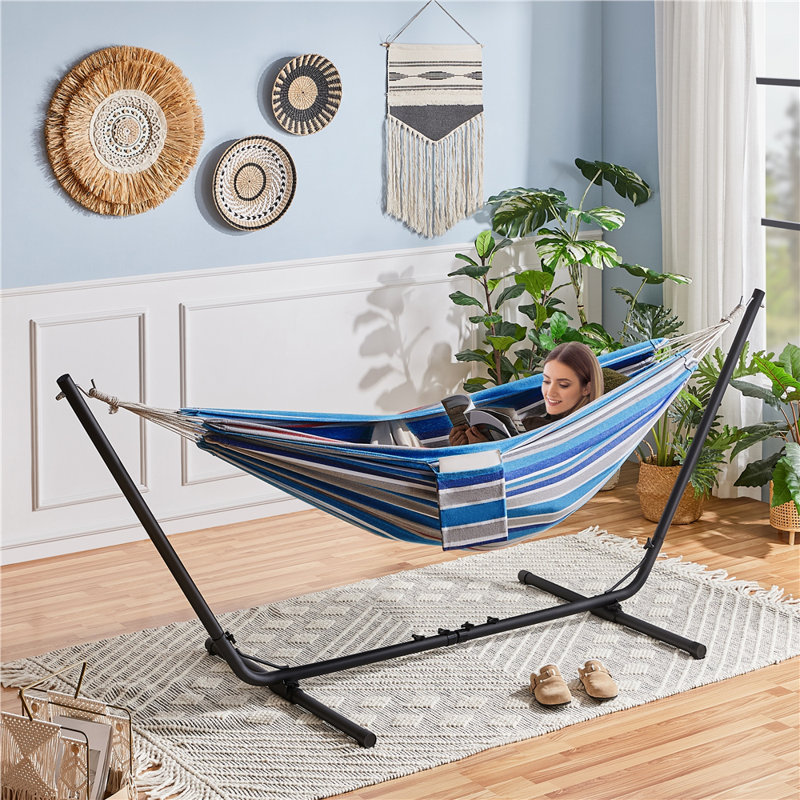 Double Classic Hammock with Stand, Blue Red Stripe