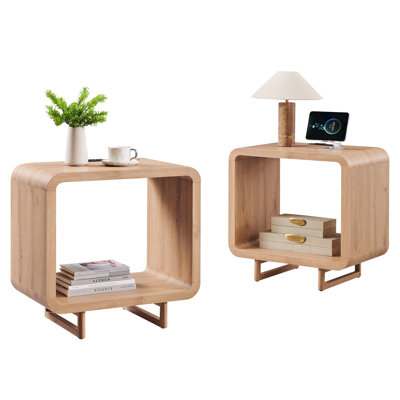 Abrianna 23.6" Modern End Table Set of 2, 2-Tier Side Table with Charging Station & Open Storage Shelf, Curved Profile Design
