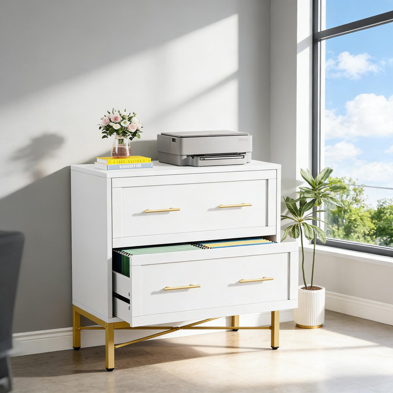 Classeur de bureau moderne à 2 tiroirs et rangement élégant | Idée de cadeau, Doré / Blanc