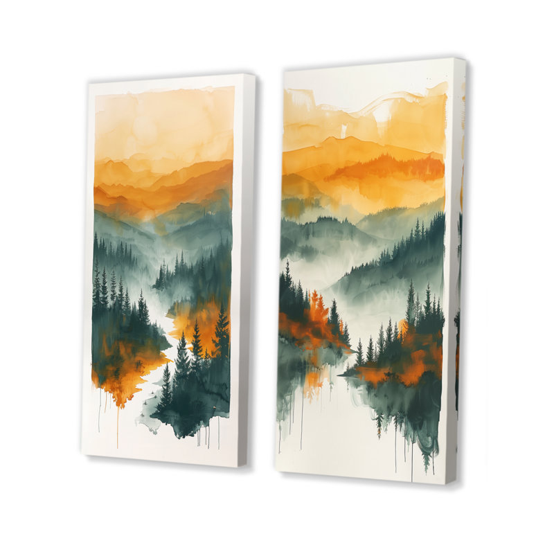 Ensemble de 2 pièces d'art mural orange et vert forêt sauvage au coucher du soleil I, H 28 po x l 24 po, Ne s’applique pas