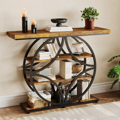 Round Geometric Bookshelf, Industrial Open Bookcase with Metal Frame, 4‑Tier Circular Display Storage Shelf for Entryway Living Room Home Decor