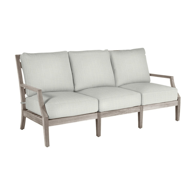 Haley Teak Patio Sofa with Cushions, Verona Silver Sunbrella®, Oyster Teak, No welt + Standard fill