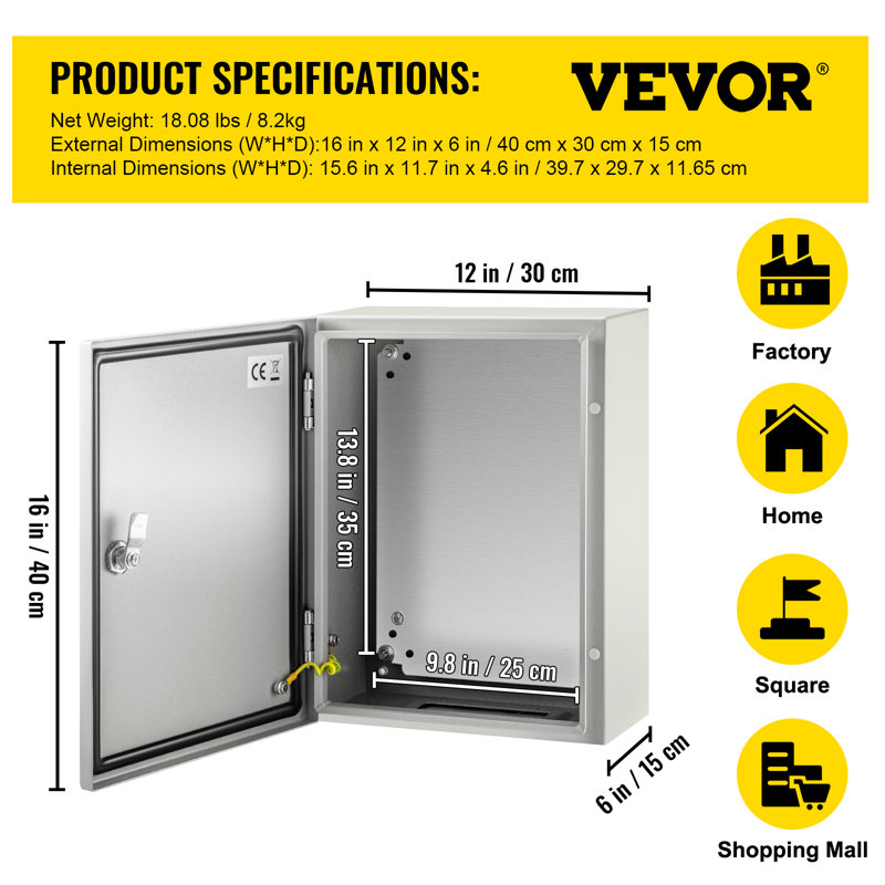 Boîtier en acier VEVOR NEMA, boîtier électrique en acier NEMA 4X, H 16 po x l 12 po x P 6 po