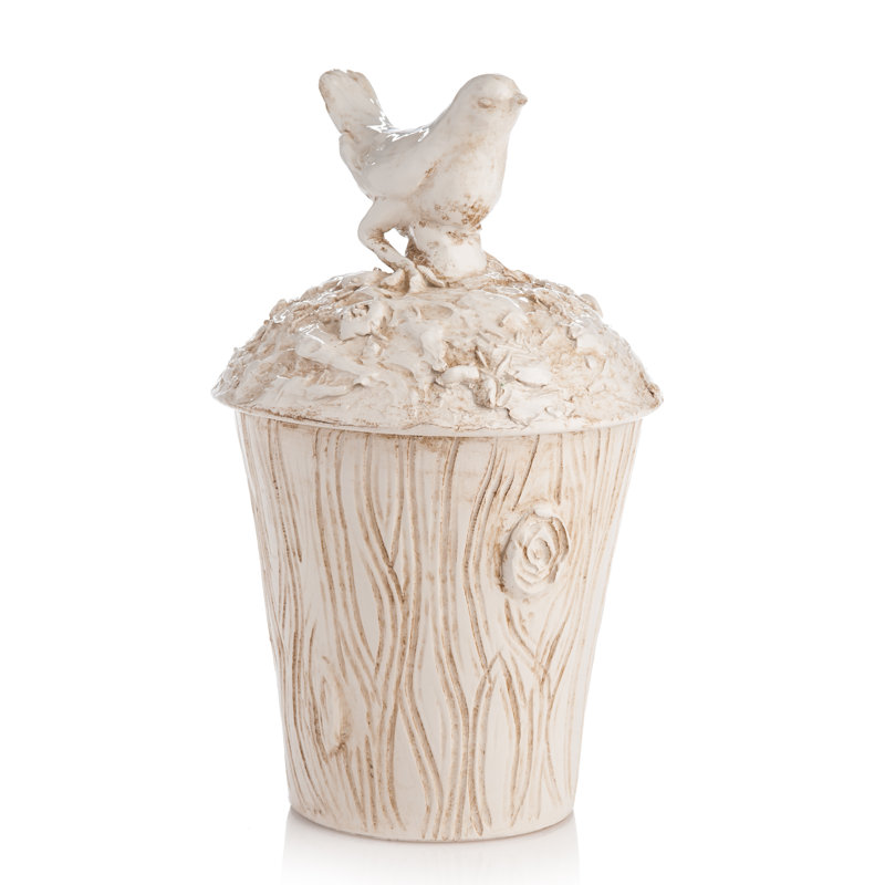 White Ceramic Planter with Bird Accent Lid, 9.75"