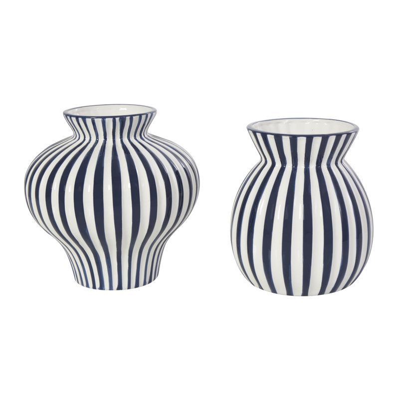 Vase décoratif en céramique bleu rayé avec formes variées, ensemble de 2