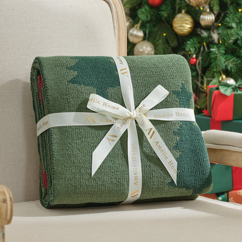 Amélie Home Chenille Knit Throw Blanket, Reversible Christmas Pattern, Holiday Decor Gift for Bed & Couch