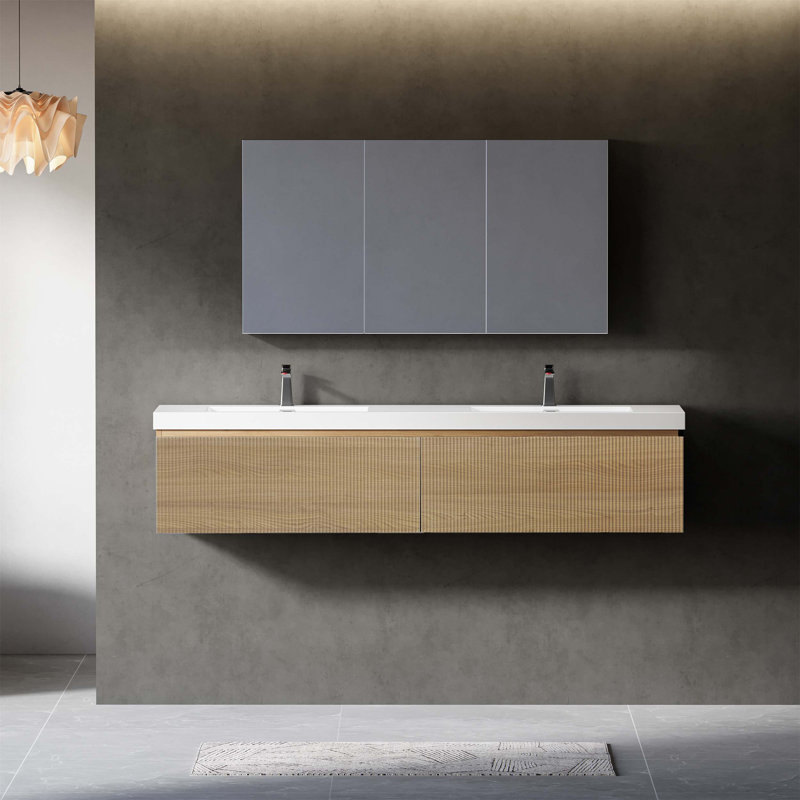 Meuble-lavabo flottant avec lavabo, conception murale, tiroir à fermeture en douceur et deux lavabos pour un rangement et une fonctionnalité modernes dans la salle de bain