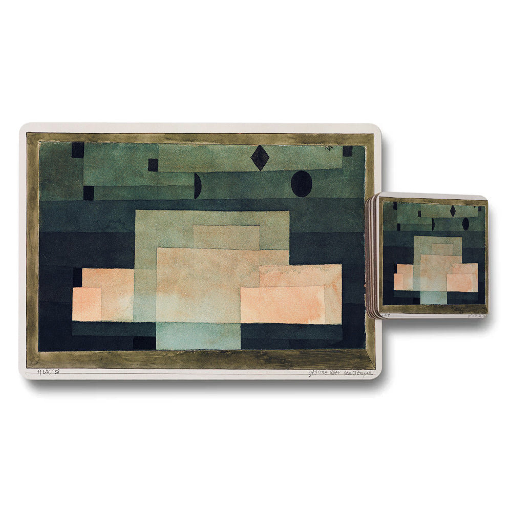 Abstract Geometric Placemat and Coaster Set in Green Blue Tones