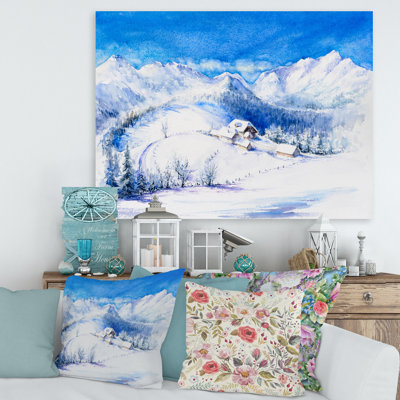 Paysage de montagne d'hiver avec maison en bois - peinture sur toile