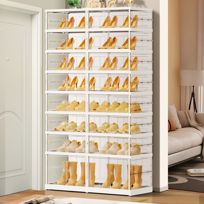 8-Tier 16-32 Pairs Plastic Stackable Shoe Storage Cabinet For Entryway Easy Assembly, Clear