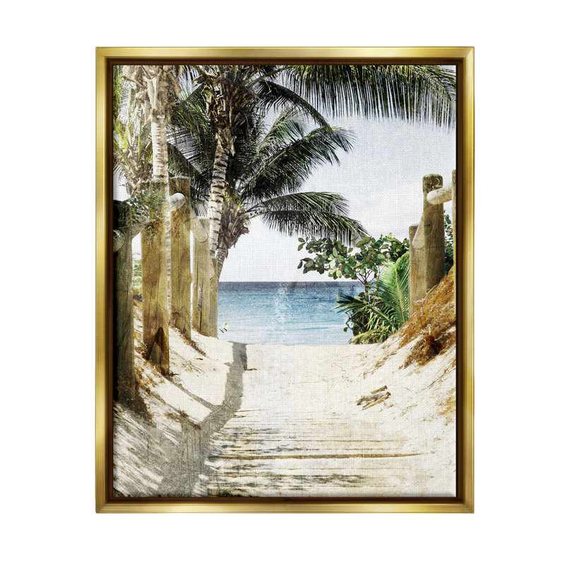 Sentier tropical de sable encadré sur toile par Marcus Prime, Cadre flottant métallique doré, H 21 po x l 17 po x P 1,7 po
