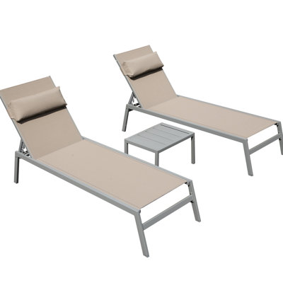 Patio Chaise Lounge  3 : Khaki Aluminum Pool Chairs With Side Table. Exceptional Comfort. 5 Adjustable Reclining Options, . Frame, Rust-. All-Weather Fabric. For Yard, Balcony, Beach. Space Of 3 In