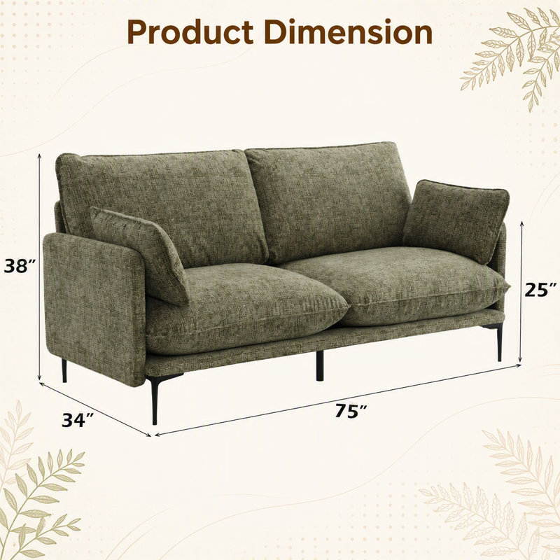 Green Fabric Sofa with 2 Pillows - Features Compressed Cushions