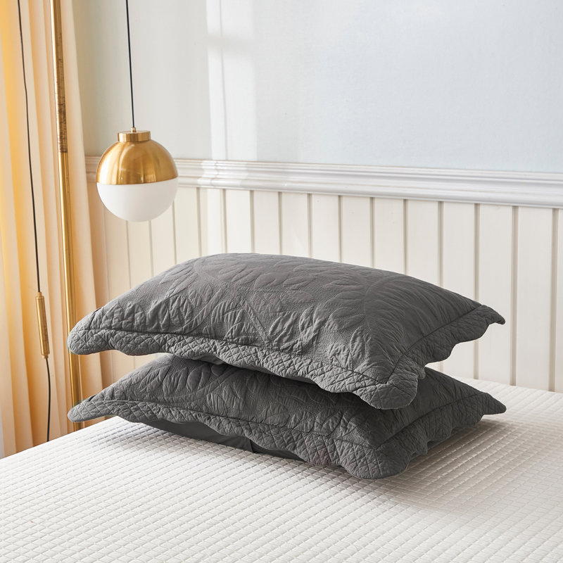 Heather Grey King Size Cotton Embroidered Pillow Shams
