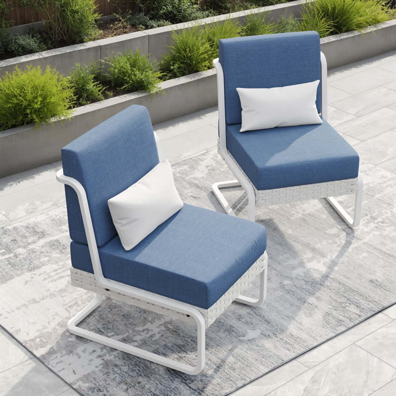 Patio Aluminum & Wicker Lounge Chair With Cushions  & Pillows (Set of 2), White, Blue