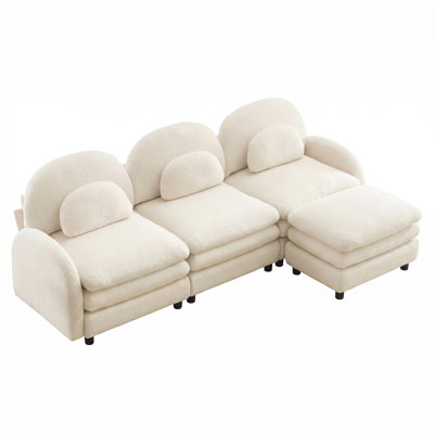 Modern Teddy Fleece Sectional 3-Seater Sofa with Movable Ottoman, Modular Couch with Double-Layer Cushions, Curved Backrest, Armrests & Lumbar Pillows for Living Room（Beige ）