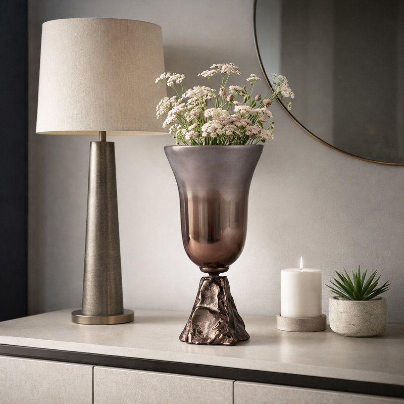 Decorative Glass Vase with Pedestal Base for Home Decor - Tall Flower Vase Accent for Console Table or Living Room Styling - Bronze & Copper