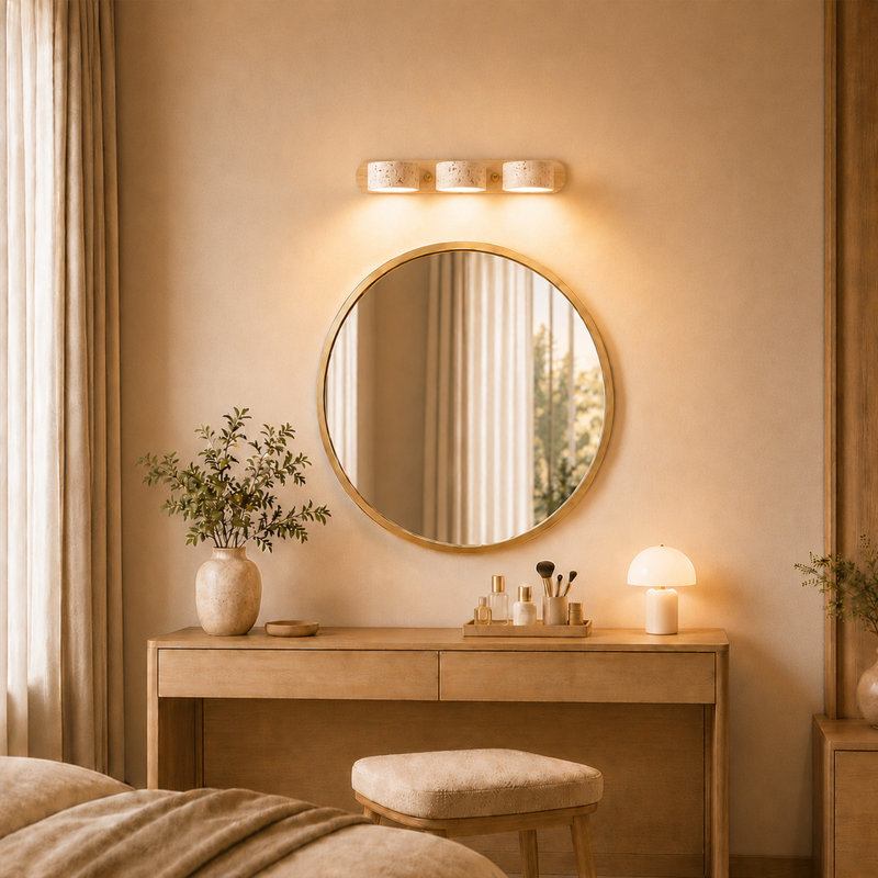 Applique murale de salle de bain en travertin naturel à 3 lumières, avec 3 températures de couleur et abat-jour orientables à 350 °