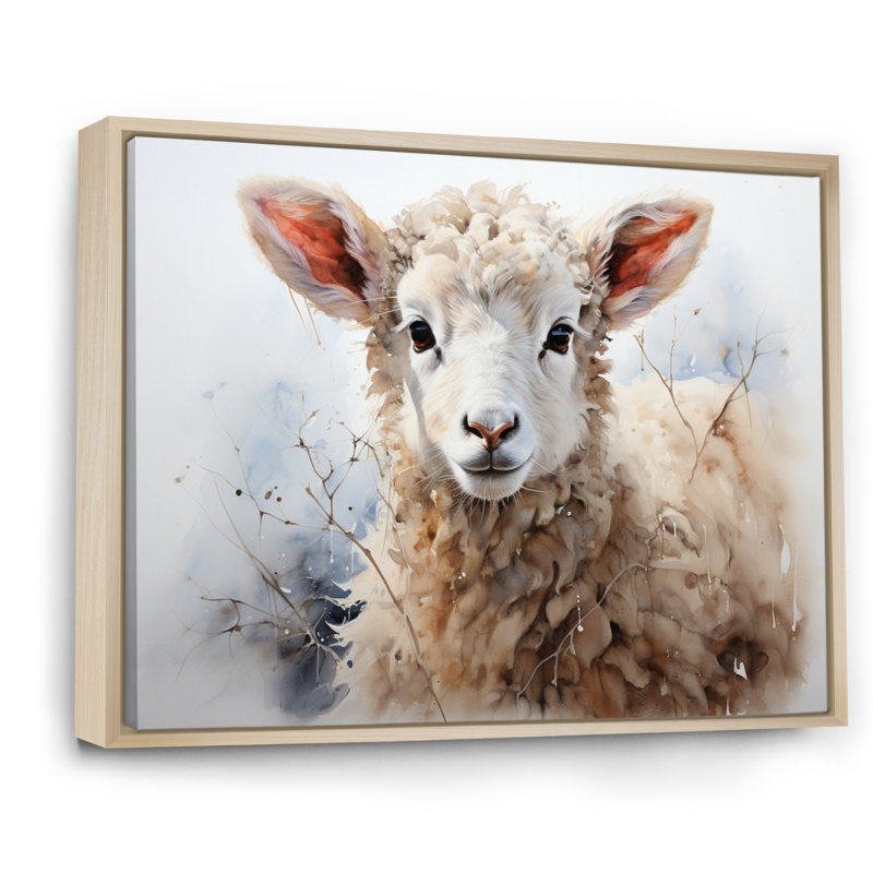 Mouton beige en hiver sur toile, H 30 po x l 40 po x P 1,5 po, Cadre naturel flottant