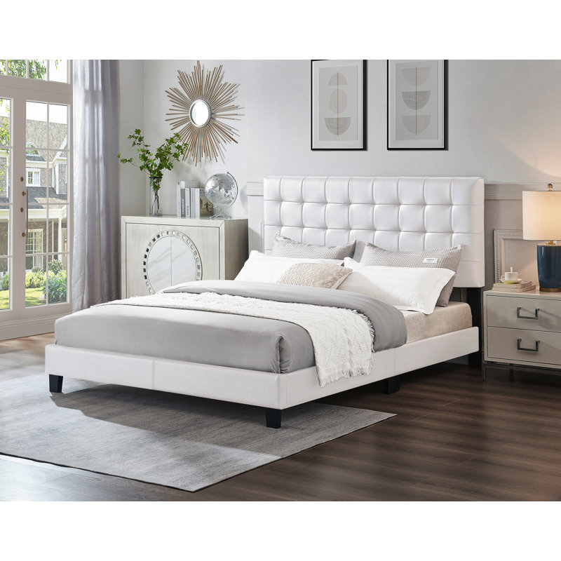 Lit plateforme tapissier contemporain avec tête de lit ajustable, lit en similicuir, blanc, simple, Lit simple, Blanc